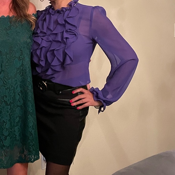 Purple Sheer Ruffled high neck blouse with rhinestone collar detail. Size M. - Picture 10 of 10